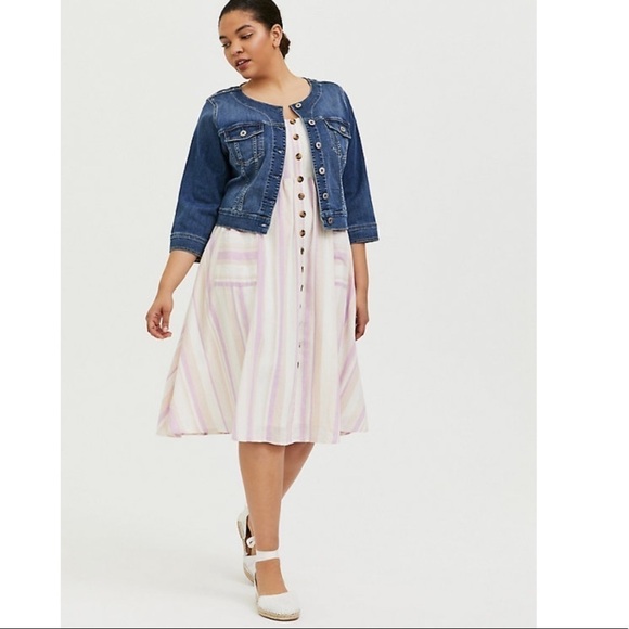 Torrid 4 MULTI STRIPE LINEN BUTTON MIDI DRESS - Picture 8 of 10